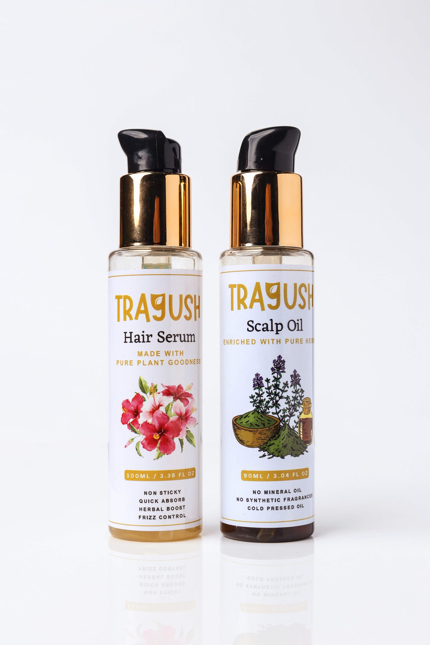 Two TRAYUSH hair care products, serum and scalp oil, on a white background