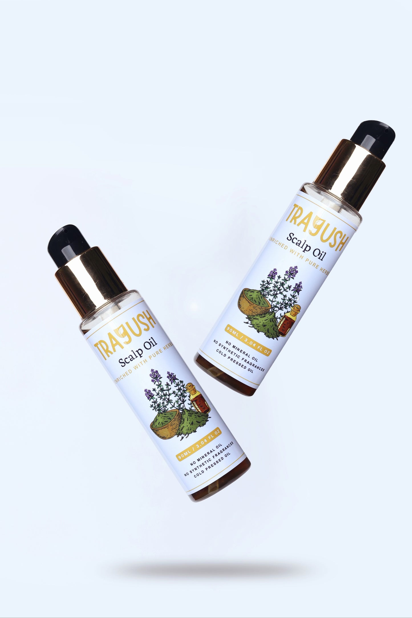 Trayush Two bottles of Scalp Oil with botanical design on a white background