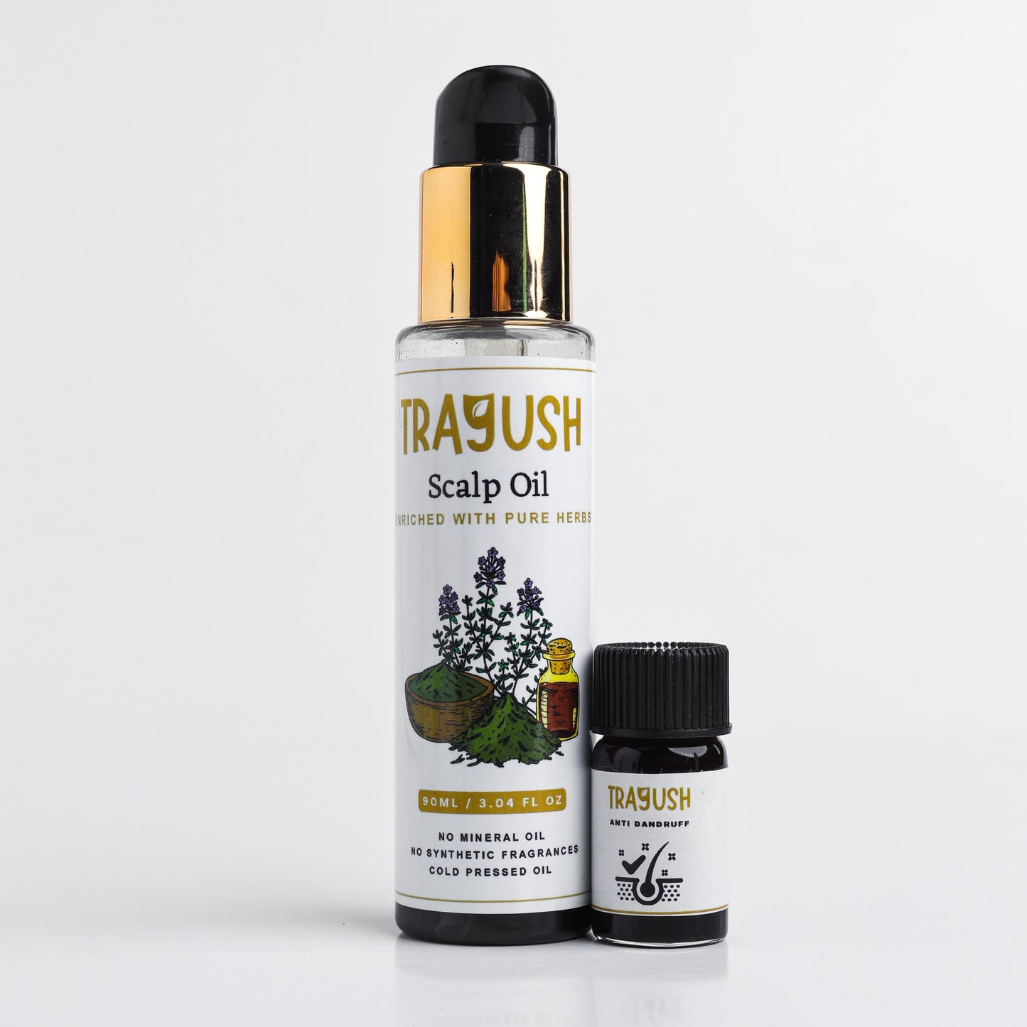 Two bottles of Trayush Scalp Oil on a white background