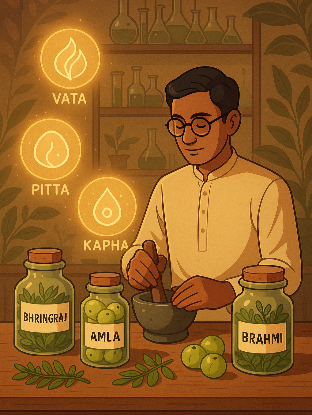 Illustration of a man preparing hair oil, serum, shampoo with Ayurvedic elements on a wooden table using bhringraj, amla, and brahmi