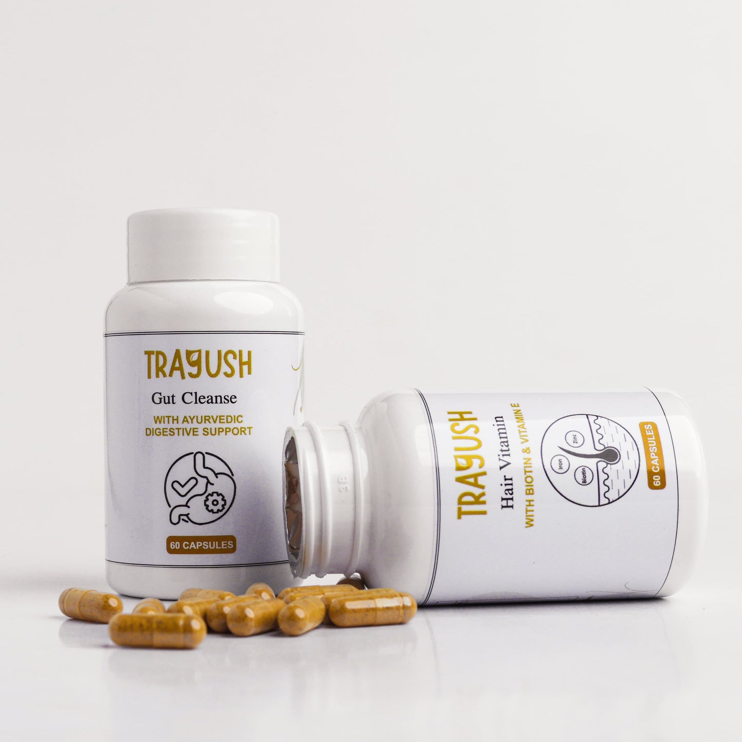 Two TRAYUSH supplement bottles on a white background