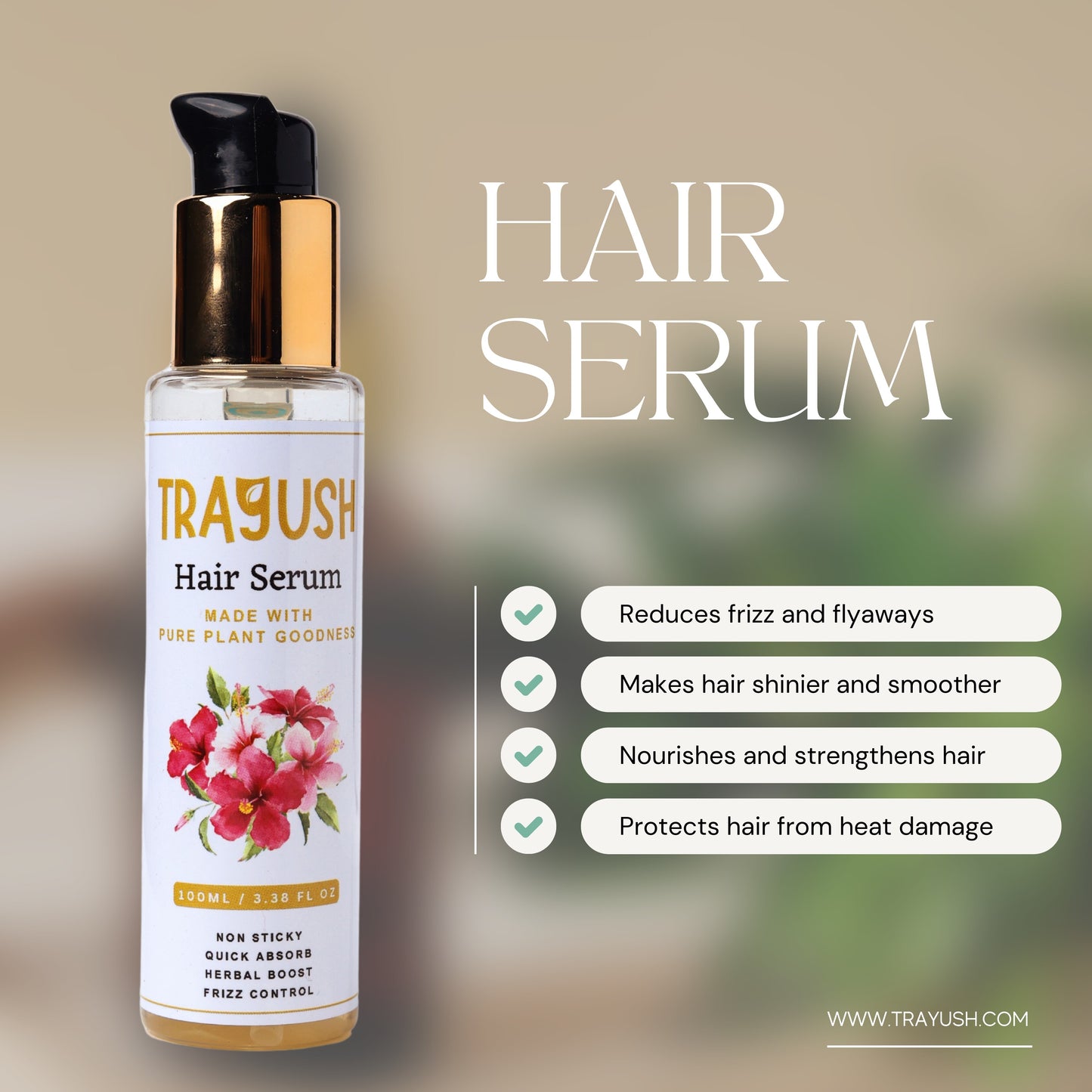 Trayush hair serum bottle with product features on a blurred background