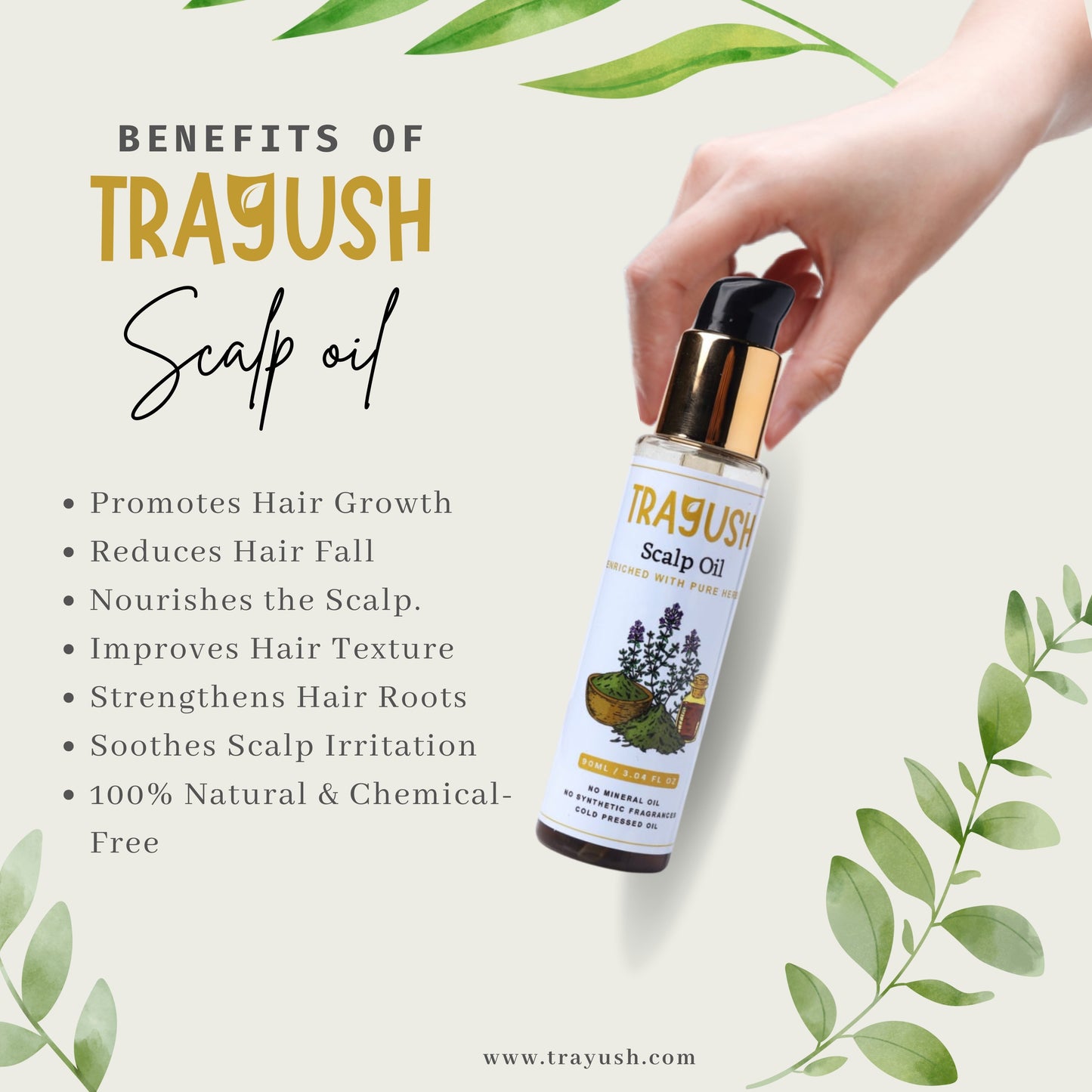 Trayush Scalp Oil bottle held by a hand with benefits listed on a light background