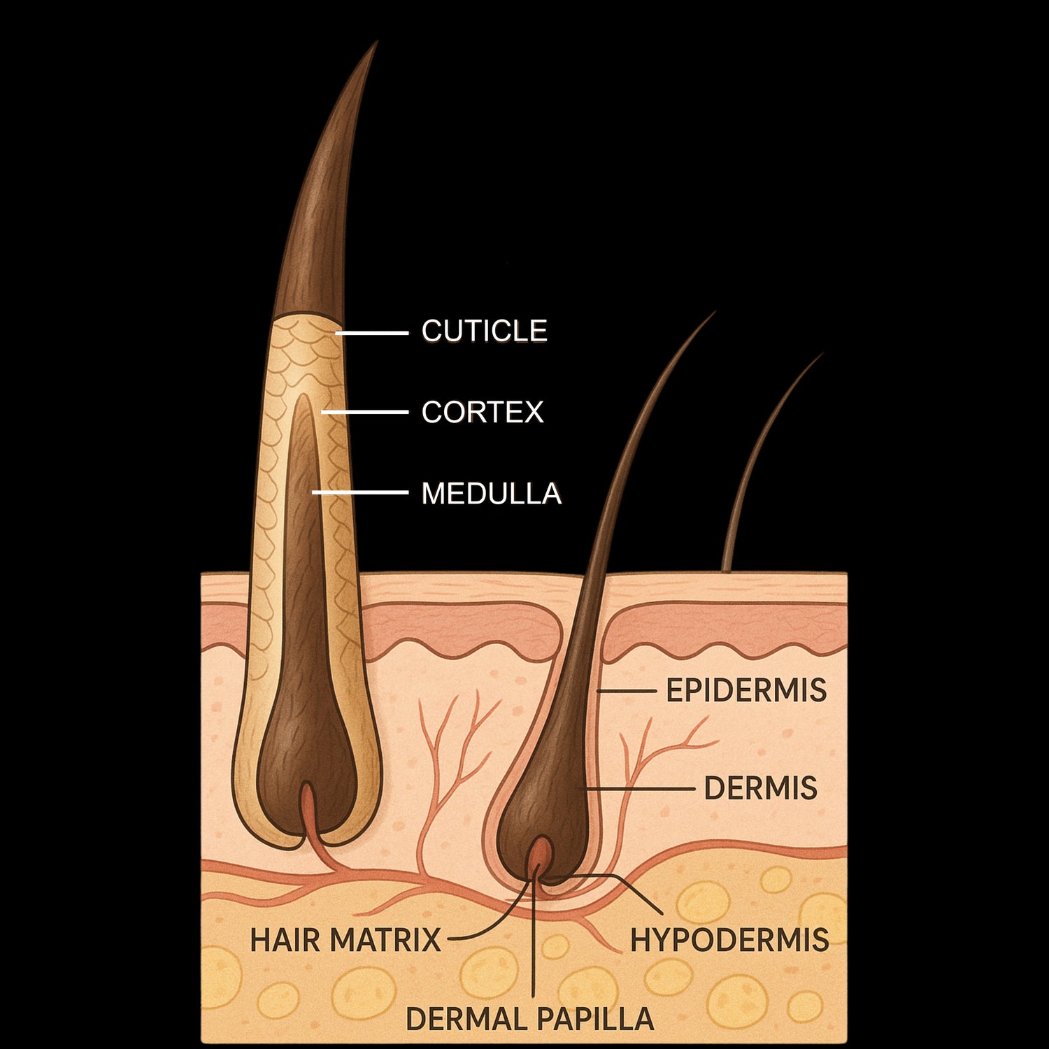 Diagram of a hair follicle with labeled layers on a black background which are getting strong by using trayush products