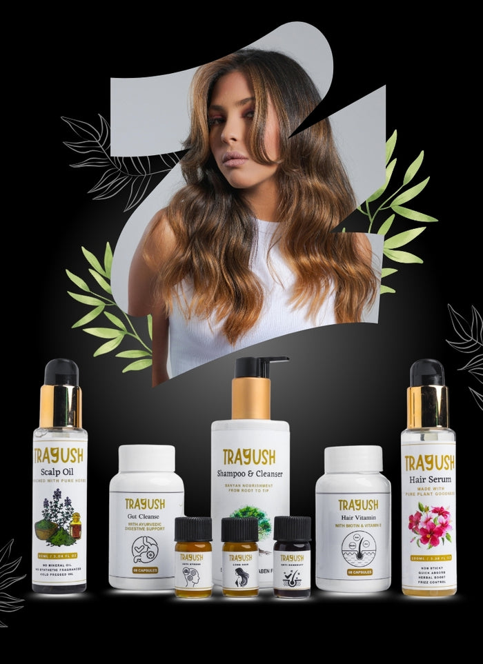 Truyush hair care product lineup with a woman's face inset on a black background.