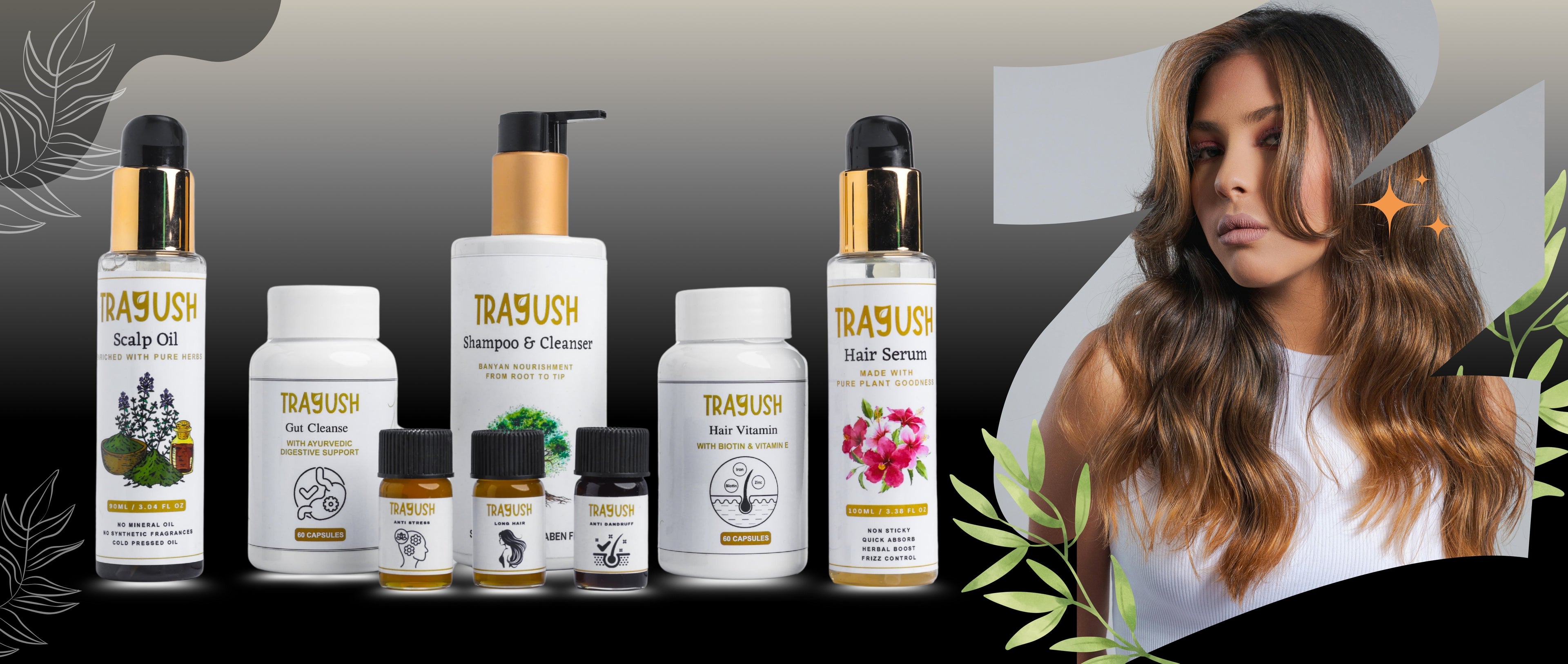 TRAYUSH hair care product lineup with a woman using the products.