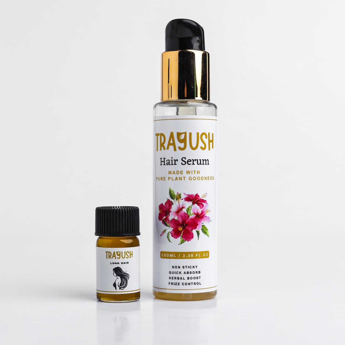 Two TRAYUSH hair serum bottles on a white background