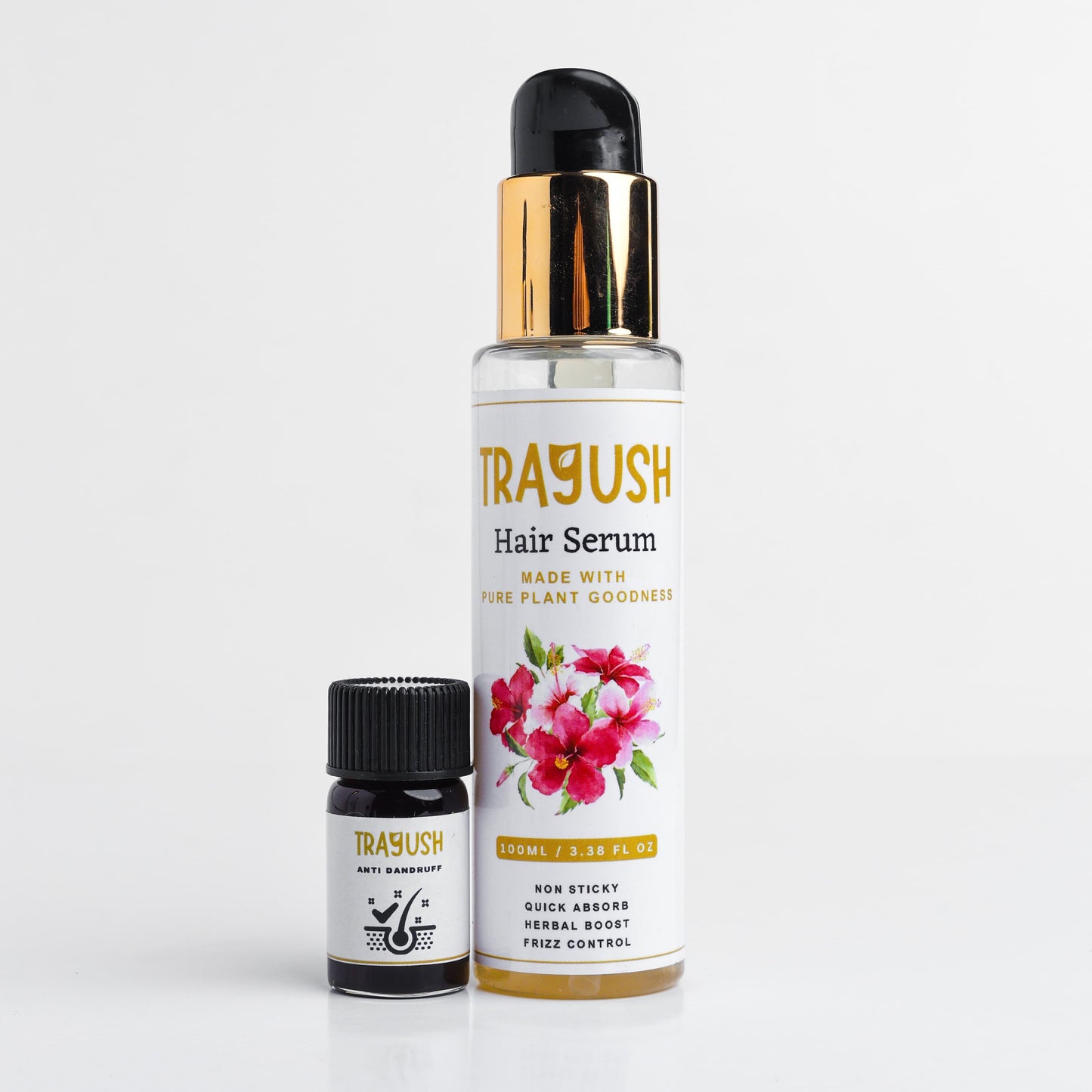 Trayush hair serum bottle with floral design on a white background