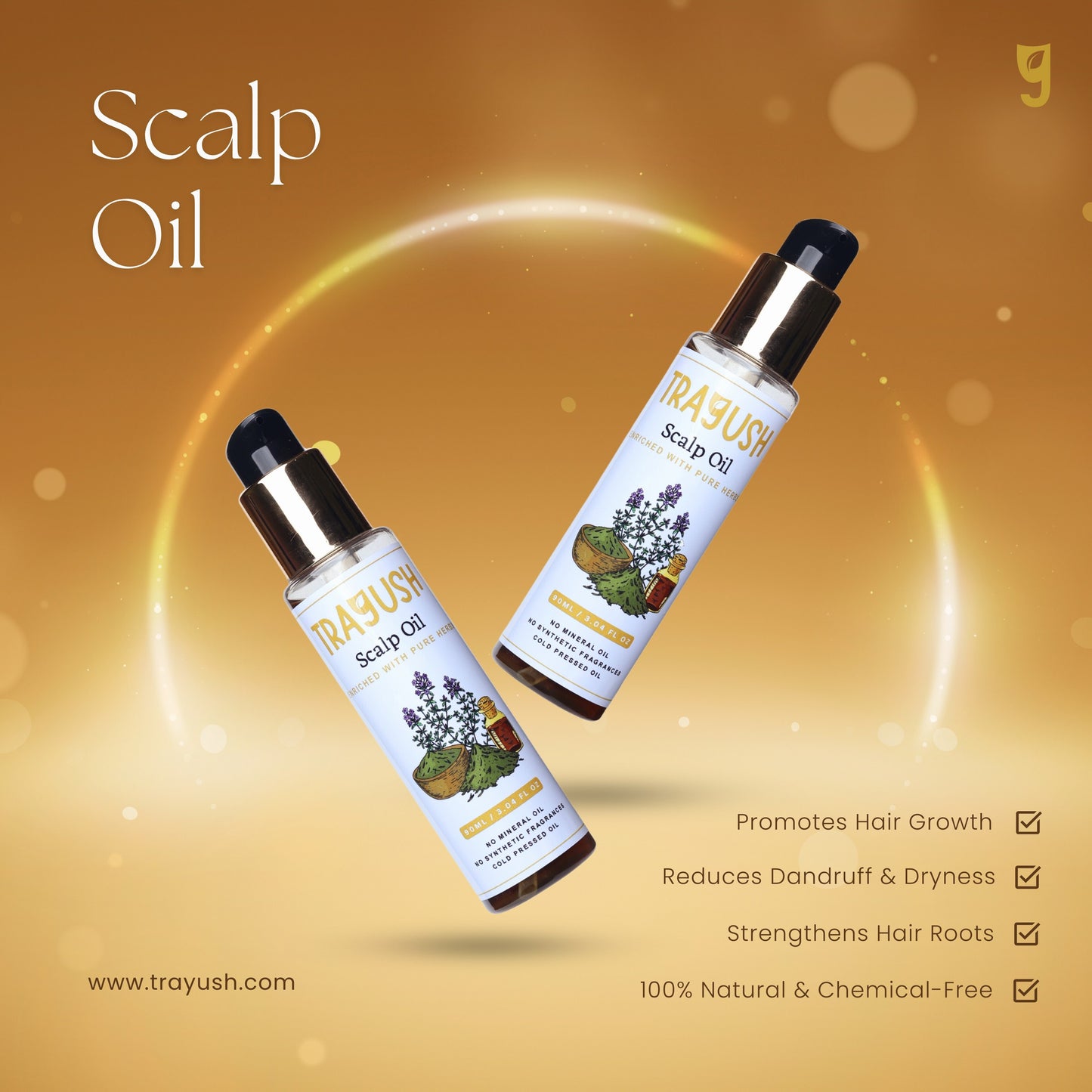 Two bottles of Trayush Scalp Oil on a gold background with product details.