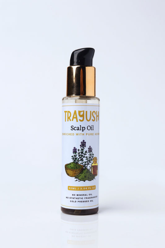 Trayush scalp oil bottle on a white background
