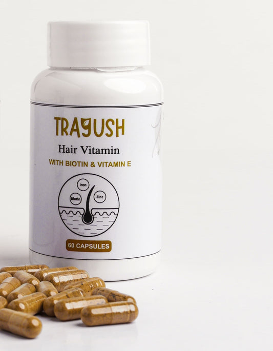 TRAYUSH hair vitamin supplement bottle with capsules on a white background