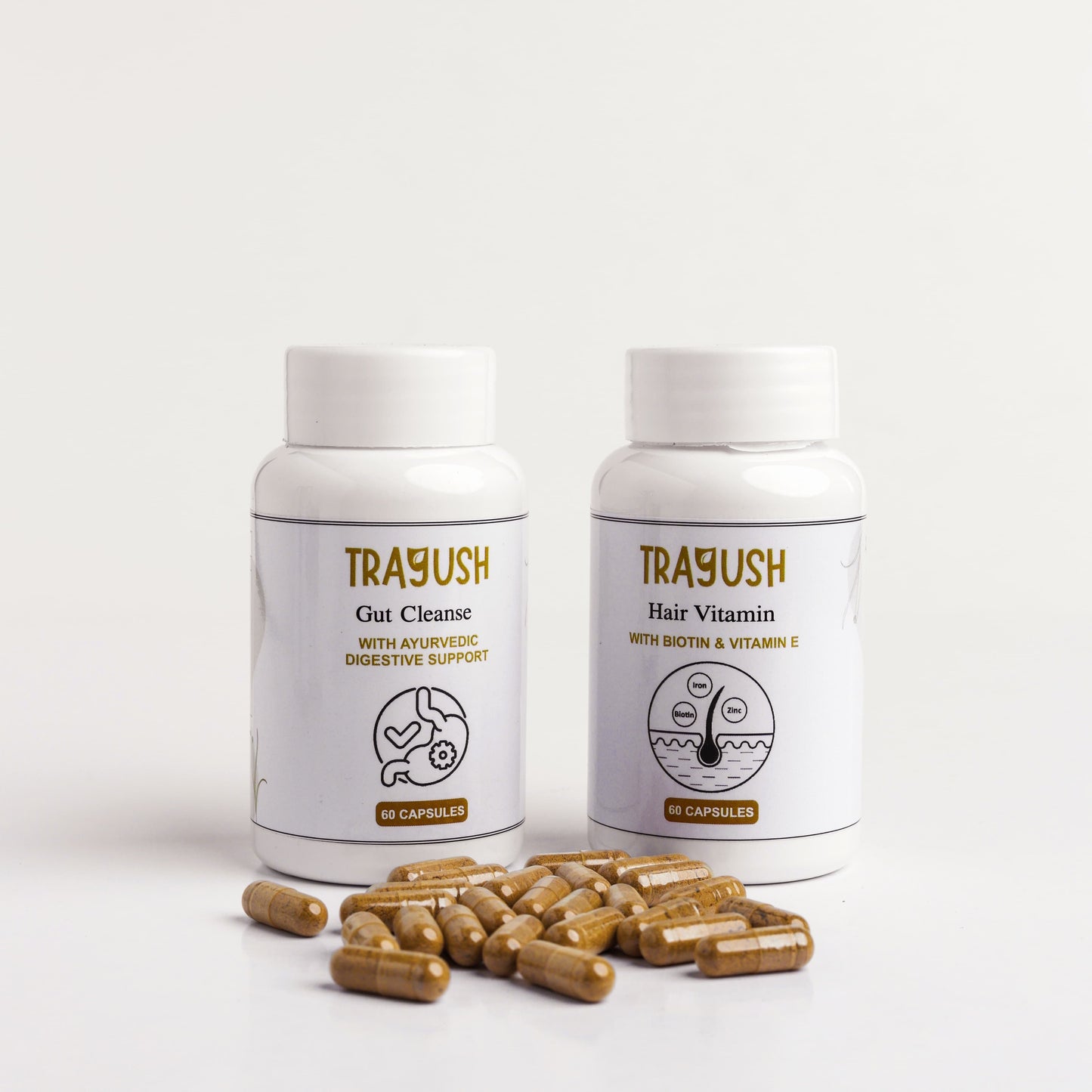 Two TRAYUSH supplement bottles with capsules on a white background