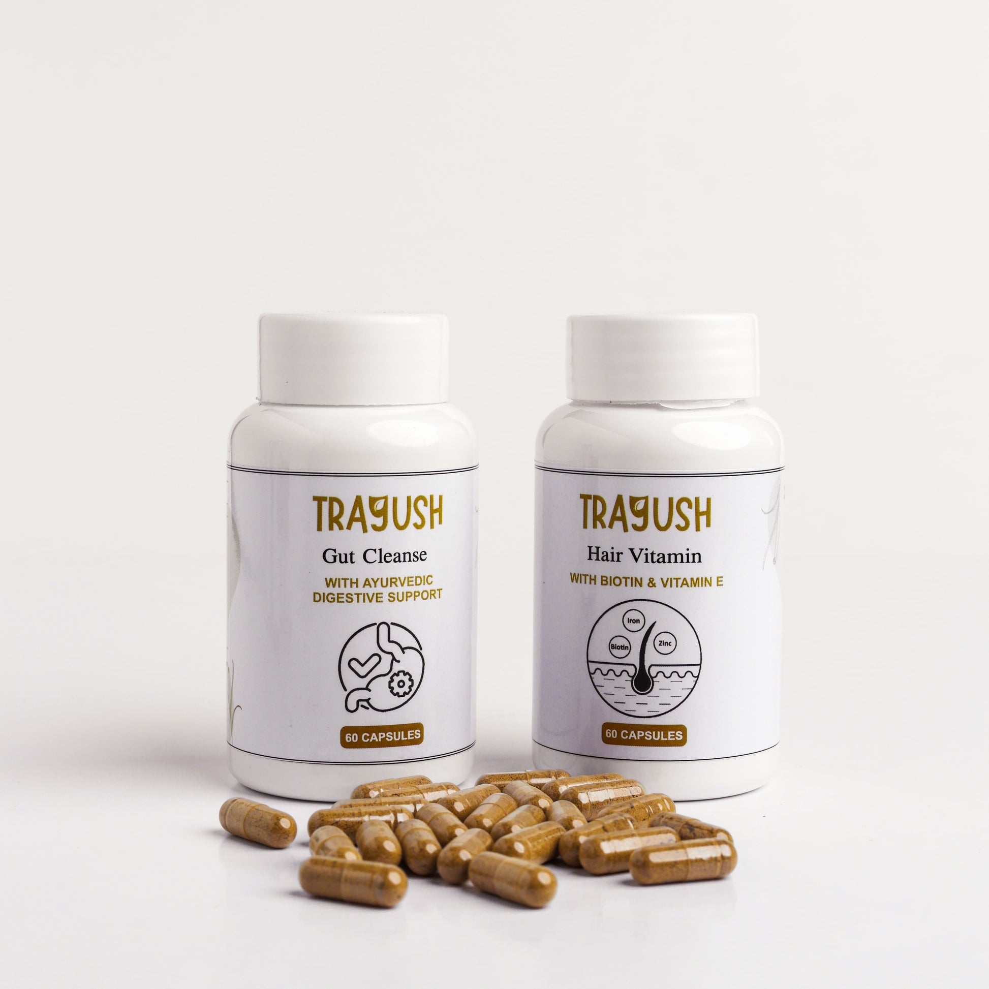 Two TRAYUSH supplement bottles with capsules on a white background
