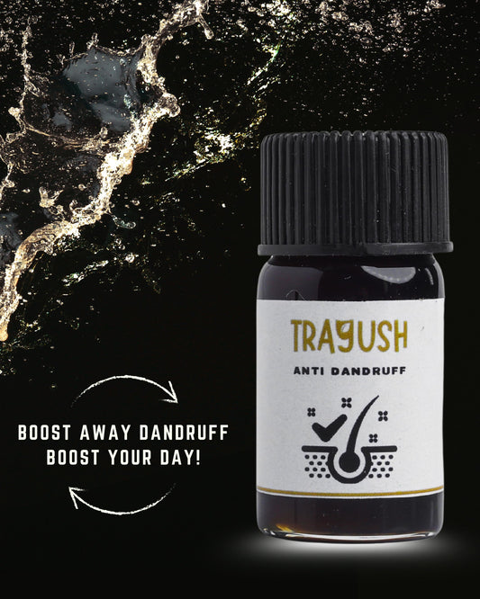 Trayush anti dandruff product bottle with black cap and white label on a dark background.