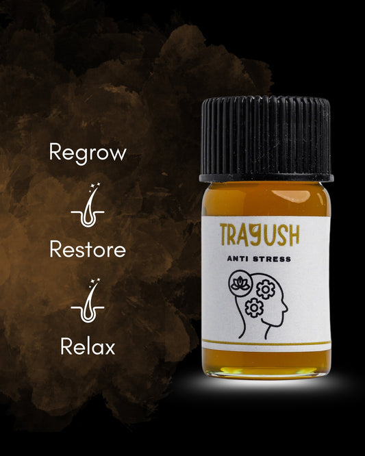 Bottle of TRAYUSH with a dark background and text 'Regrow', 'Restore', 'Relax'.