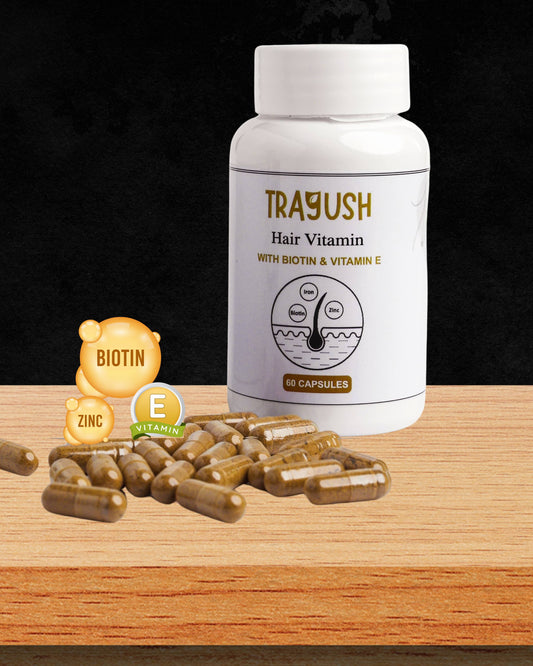 TRAYUSH hair vitamin bottle with capsules on a wooden surface