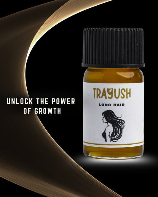 Bottle of TRAYUSH long hair product with a dark background