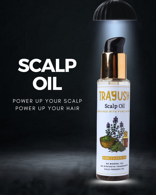 Trayush Scalp Oil bottle with text on a dark background