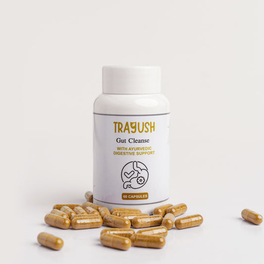 TRAYUSH Gut Cleanse supplement bottle with capsules on a light background