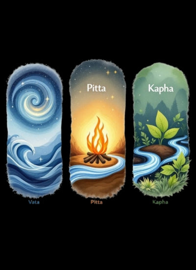 Three stylized representations of Vata, Pitta, and Kapha with corresponding elements on a black background.
