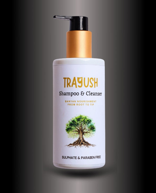 TRAYUSH shampoo & cleanser bottle with pump on a dark background