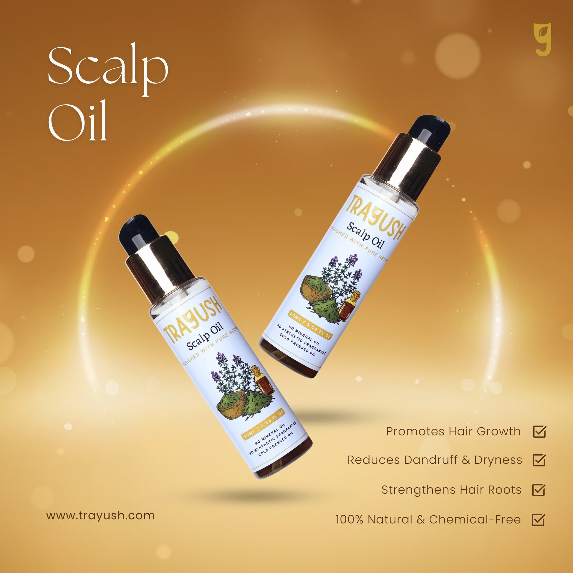 Two bottles of Trayush Scalp Oil on a gold background with product details.